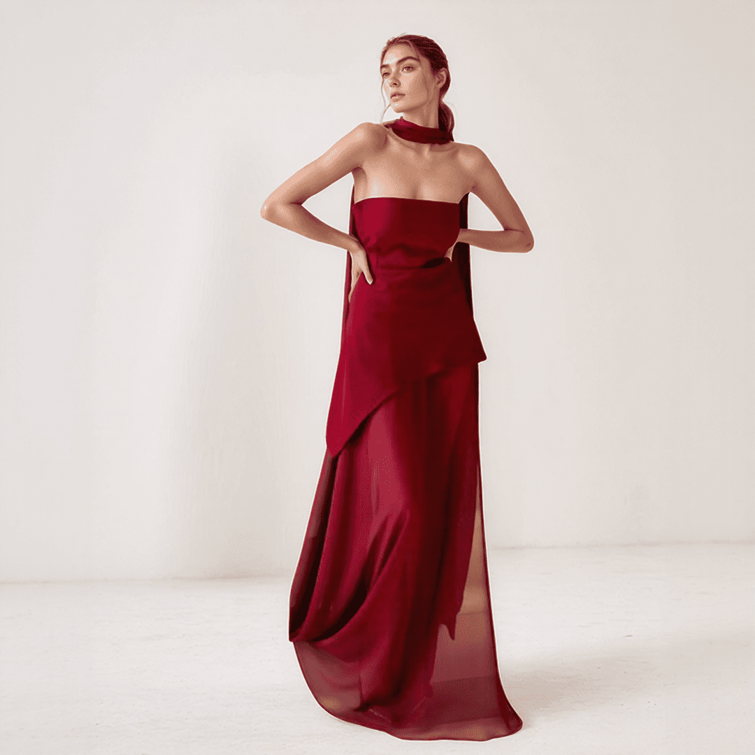 Isolde | One-Shoulder Chiffon Gown with Draped Scarf Accent