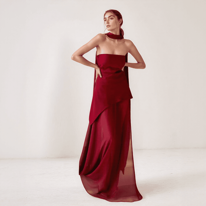 Isolde | One-Shoulder Chiffon Gown with Draped Scarf Accent