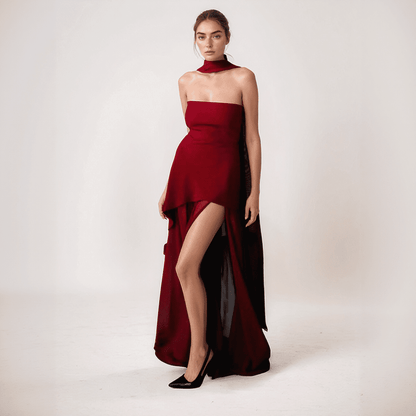 Isolde | One-Shoulder Chiffon Gown with Draped Scarf Accent