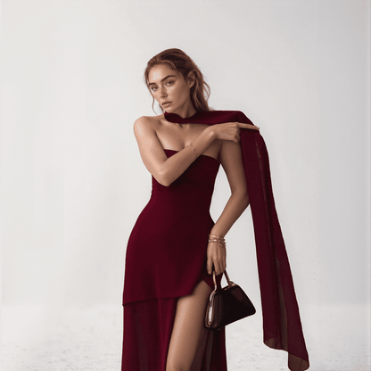 Isolde | One-Shoulder Chiffon Gown with Draped Scarf Accent
