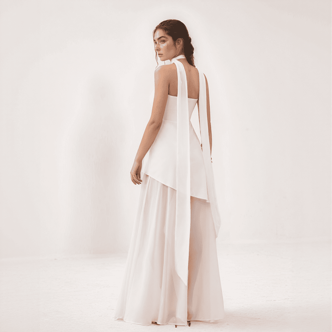 Isolde | One-Shoulder Chiffon Gown with Draped Scarf Accent