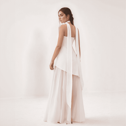 Isolde | One-Shoulder Chiffon Gown with Draped Scarf Accent