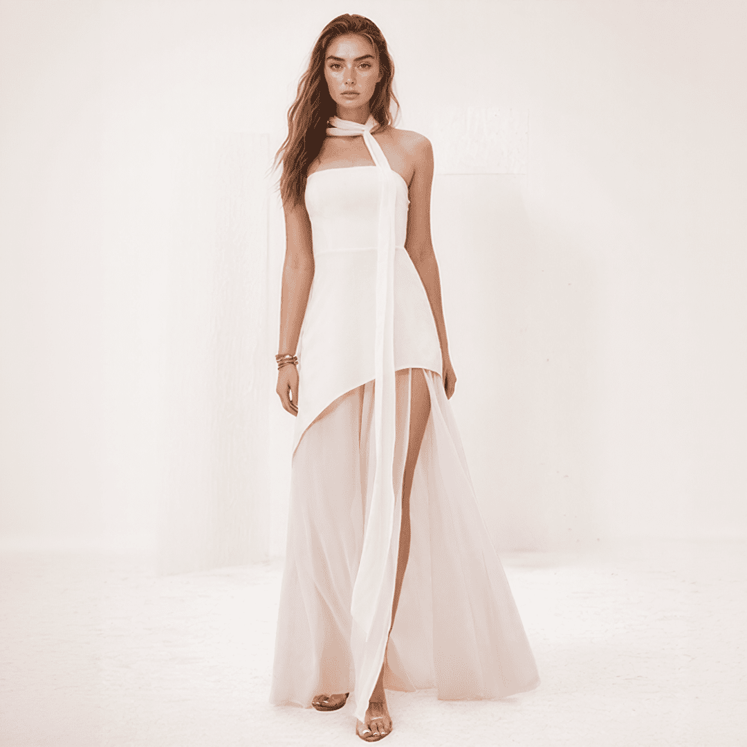 Isolde | One-Shoulder Chiffon Gown with Draped Scarf Accent