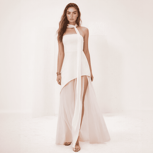 Isolde | One-Shoulder Chiffon Gown with Draped Scarf Accent