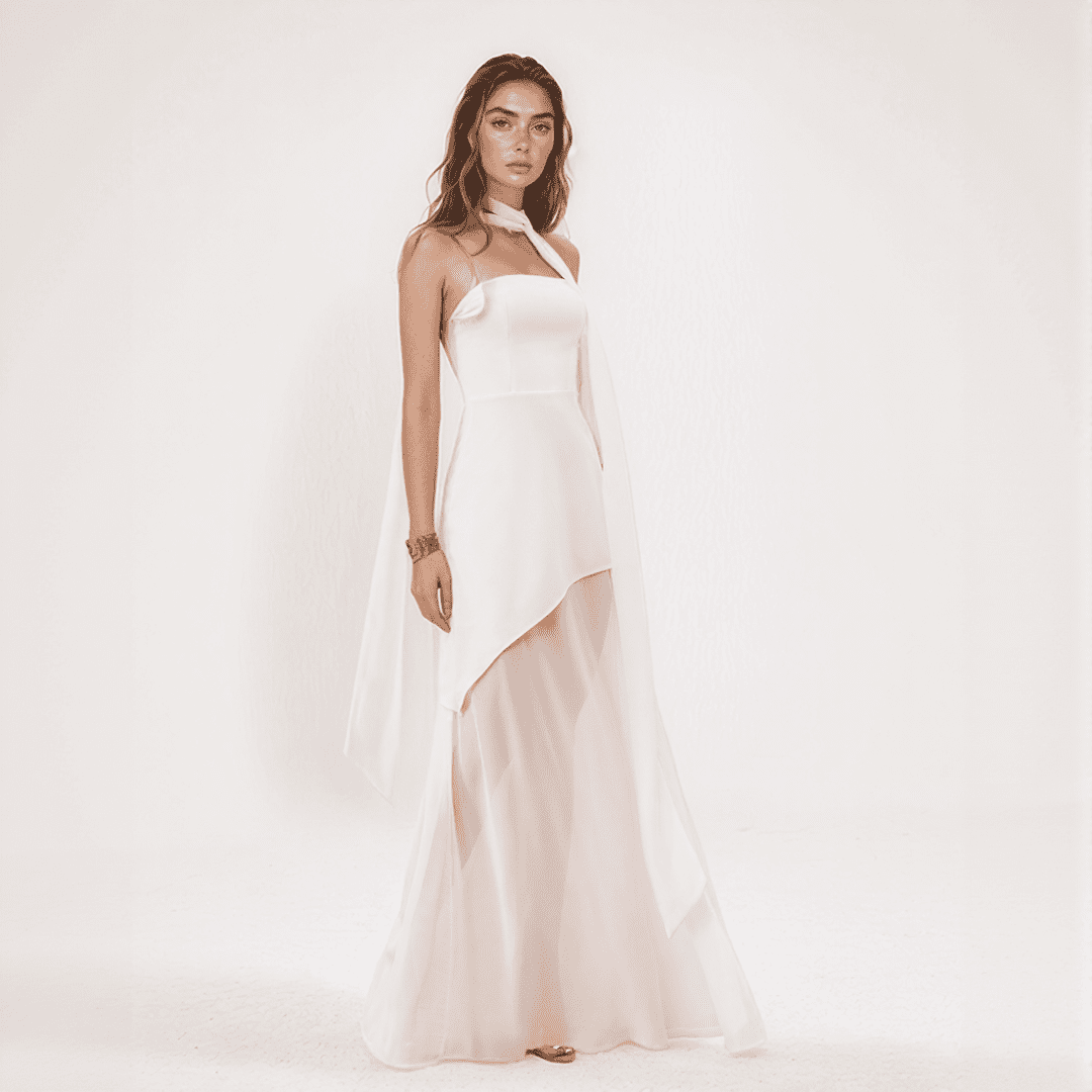 Isolde | One-Shoulder Chiffon Gown with Draped Scarf Accent