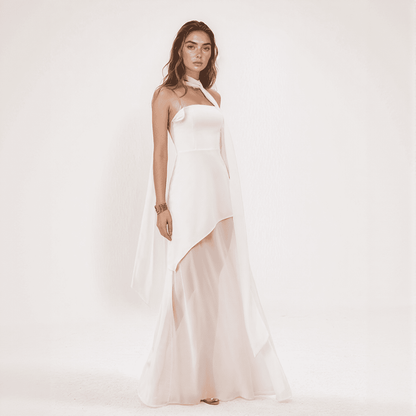 Isolde | One-Shoulder Chiffon Gown with Draped Scarf Accent