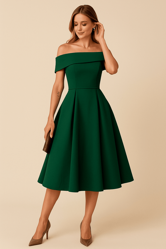 Galenia | Women’s Elegant Off-Shoulder A-Line Dress with Pleated Flared Skirt